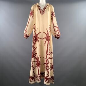 LA DOUBLEJ Size M Cream Burgundy Silk Palm Tree Maxi Long Dress